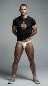 Muscular man in black Gay Dom Leather Daddy TShirt and white underwear.