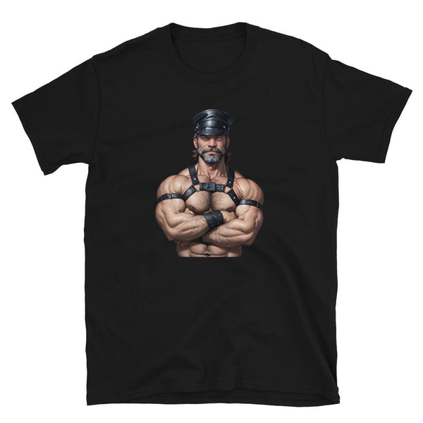 Gay Dom Leather Daddy TShirt featuring a muscular man in leather gear on a black shirt.
