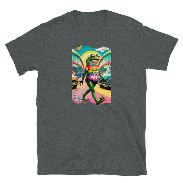Gay Frog Shirt I Don't Know Where I'm Going But I'm Gay Shirt Funny LGBTQ on a gray t-shirt.