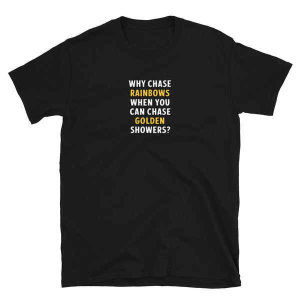 Black funny gay shirt with text about golden showers, LGBTQ pride apparel.