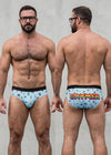 Gay gamer pride briefs with retro 8-bit emoji print, men’s underwear front and back view