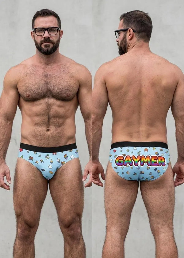 Gay gamer pride briefs with retro 8-bit emoji print, men’s underwear front and back view