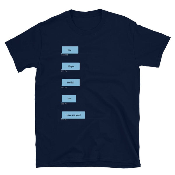 Gay Grindr Hookup Dialogue Shirt in navy featuring humorous chat bubbles.