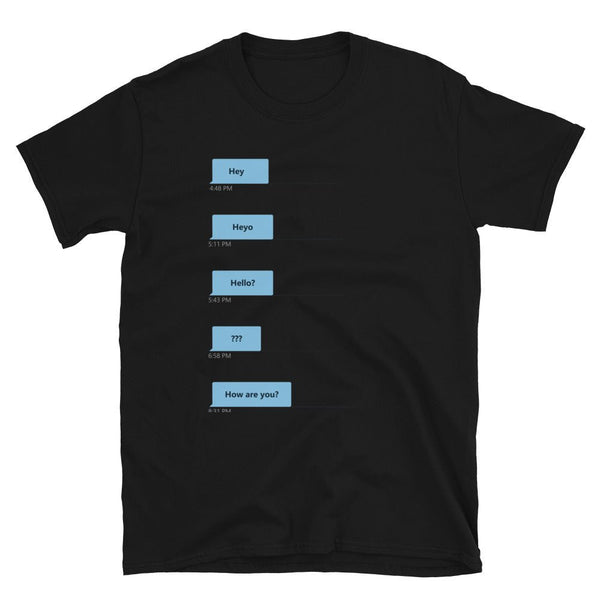 Gay Grindr Hookup Dialogue Shirt featuring humorous chat messages design on a black t-shirt.