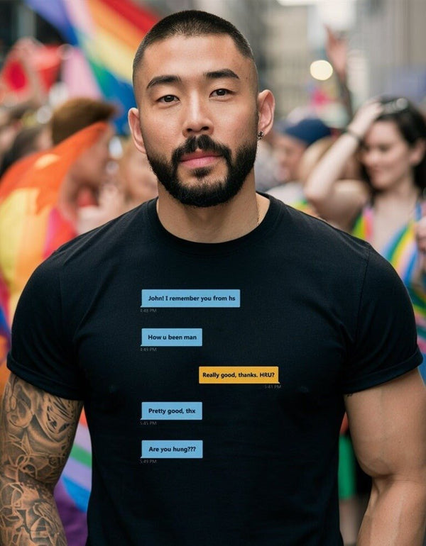 Gay Grindr Hookup Dialogue Shirt on model at pride event, featuring colorful text.