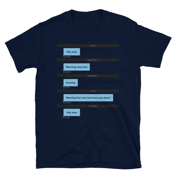 Gay Grindr Hookup Dialogue Shirt featuring playful sexting messages on navy fabric.
