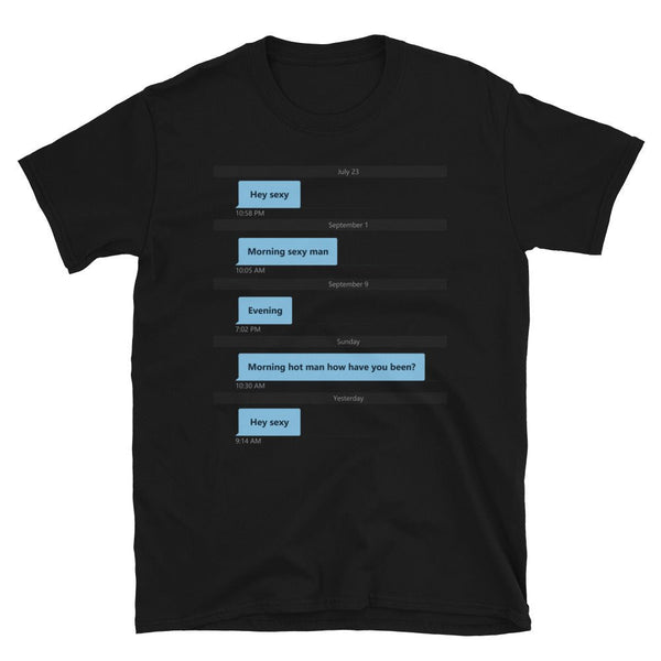 Gay Grindr Hookup Dialogue Shirt with funny text message graphics on black fabric.