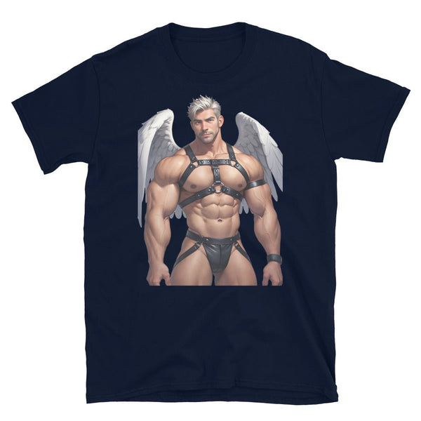 Gay Halloween Angel - Leather Daddy Bear Halloween Shirt featuring a muscular model with angel wings.