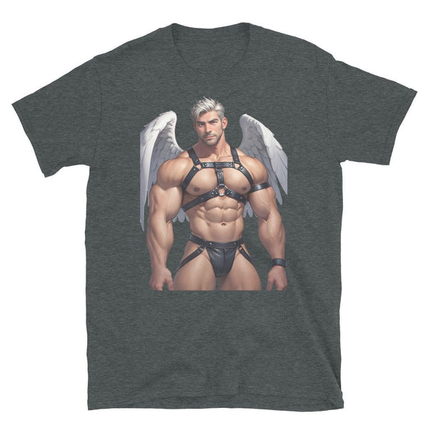 Gay Halloween Angel - Leather Daddy Bear Halloween Shirt featuring muscular model with wings.