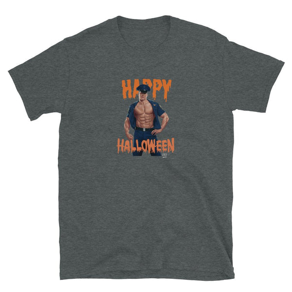 Gay Halloween Cop Unisex T-Shirt - Gay Jock Tee Halloween Shirt featuring muscular man design on dark grey.