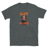 Gay Halloween Firefighter Unisex T-Shirt with graphic of muscled man and Halloween text.