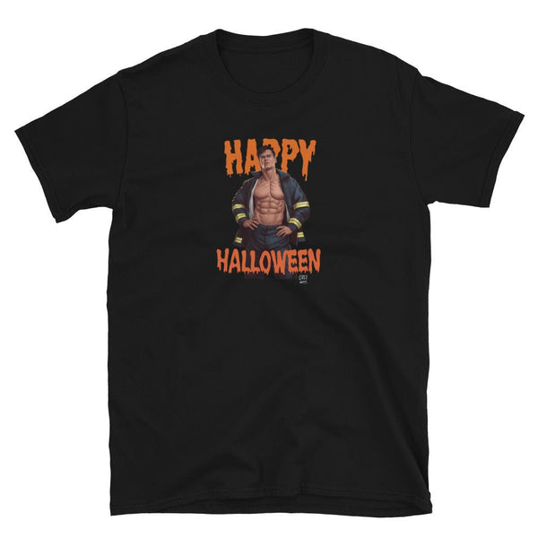 Gay Halloween Firefighter Unisex T-Shirt with bold 'Happy Halloween' text.