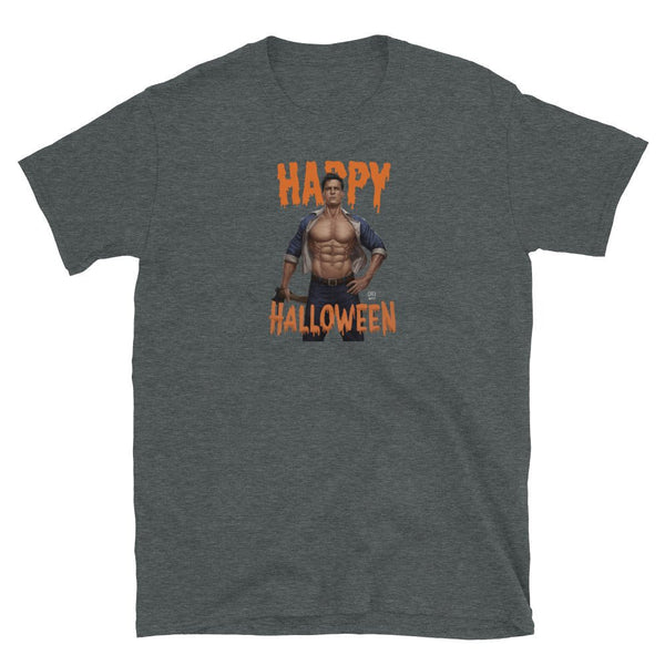 Gay Halloween Lumberjack Unisex T-Shirt featuring a muscular man and festive text.
