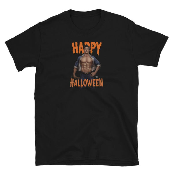 Gay Halloween Lumberjack Unisex T-Shirt featuring a muscular man and Halloween text.