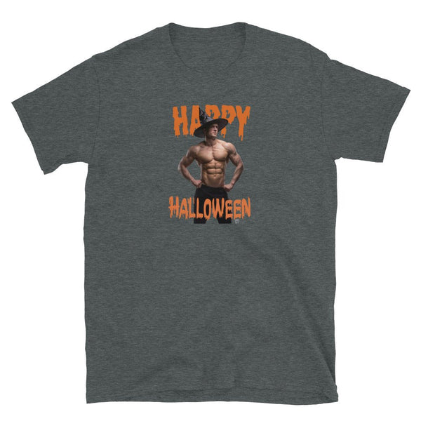 Gay Halloween Witch Unisex T-Shirt - Gay Jock Tee Halloween Shirt, dark grey tee with muscular model.