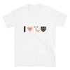 White t-shirt with bear graphic, weights, and text, ideal gay pride apparel.