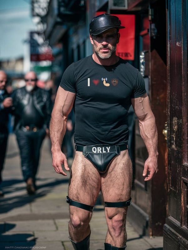 Model wearing Gay I Love Muscle Bears Gay Emoji Shirt with leather accessories.