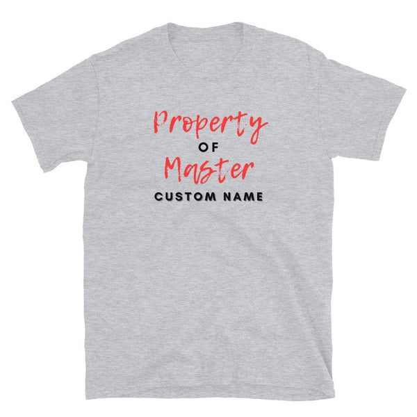 Gay Kinky Tshirt / BDSM Tshirt with 'Property of Master' design on grey fabric.