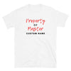 White t-shirt with 'Property of Master' text, custom name option for BDSM theme.