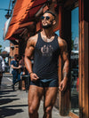 Model wearing Gay Leather Bar Dudes Tank Top, showcasing a muscular physique outdoors.