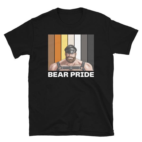 Gay Leather Bear Pride Flag Colors for Gay Bear Cubs T-Shirt graphic, black shirt.