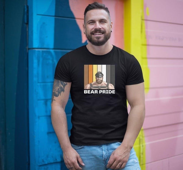 Gay Leather Bear Pride Flag Colors for Gay Bear Cubs T-Shirt worn by smiling man.