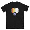 Black t-shirt with heart design featuring LGBTQ pride colors, gay pride apparel.