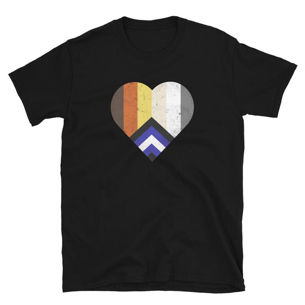 Black t-shirt with heart design featuring LGBTQ pride colors, gay pride apparel.