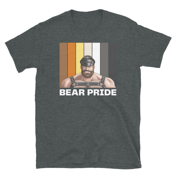 Gay Leather Bear Pride Flag Colors for Gay Bear Cubs T-Shirt, Gay Pride Gift design on a dark grey shirt.