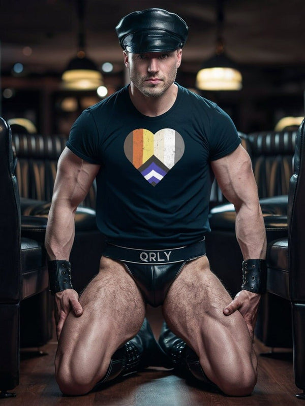 Gay Leather Bear Pride Flag Colors for Gay Bear Cubs T-Shirt, Gay Pride Gift worn by muscular model.