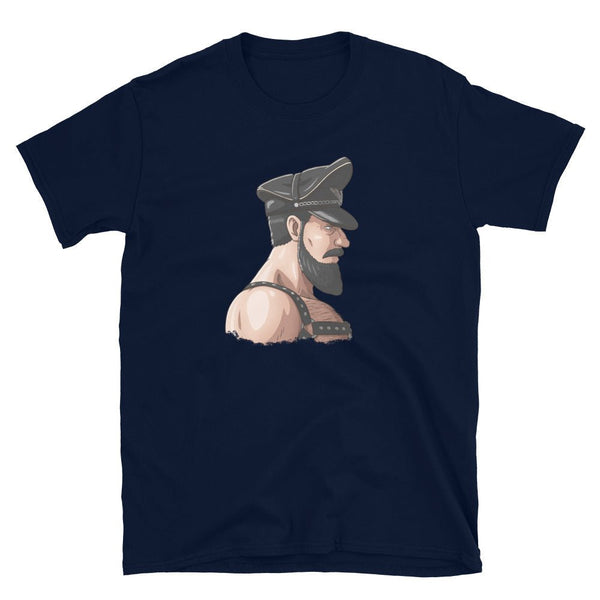 Gay Leather Daddy Bear Pride Flag Colors for Gay Bear Cub Shirt, Gay Pride Gift on navy t-shirt.