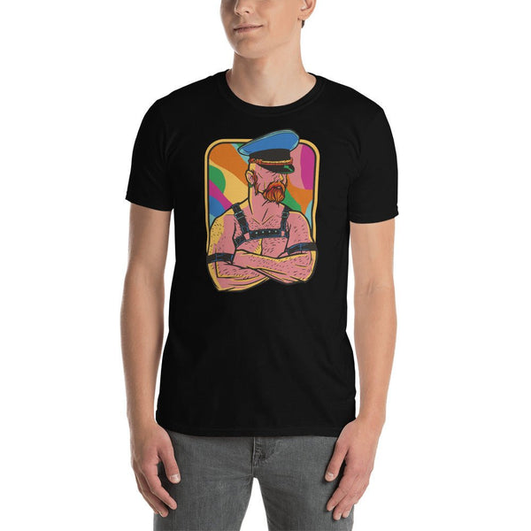 Gay Leather Daddy T Shirt featuring a muscular man with a beard and cap design.