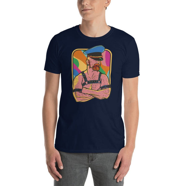 Model wearing a Gay Leather Daddy T Shirt with bear graphic design, navy color.