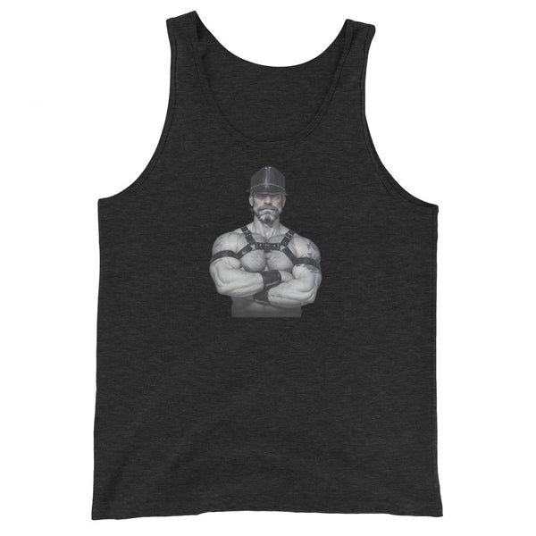 Gay Leather Daddy Tank Top for Dom featuring a muscular man in leather attire.