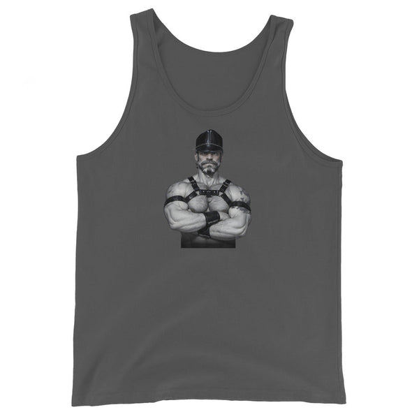 Gay Leather Daddy Tank Top for Dom featuring muscular man in leather harness.