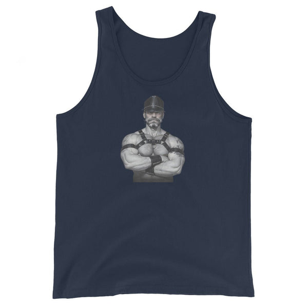 Gay Leather Daddy Tank Top for Dom featuring muscular bear graphic on navy background.