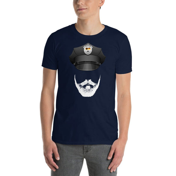 Gay Leather Shirt, Daddy Man Cigar Bear Kink Fetish BDSM T-Shirt model wearing a navy shirt with police hat and beard graphic.