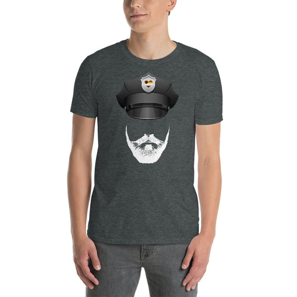 Model wearing a dark grey t-shirt with a police hat and beard graphic design.