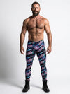 Urban Samurai Men’s Leggings – Katana Camo Meggings with floral design on muscular model.