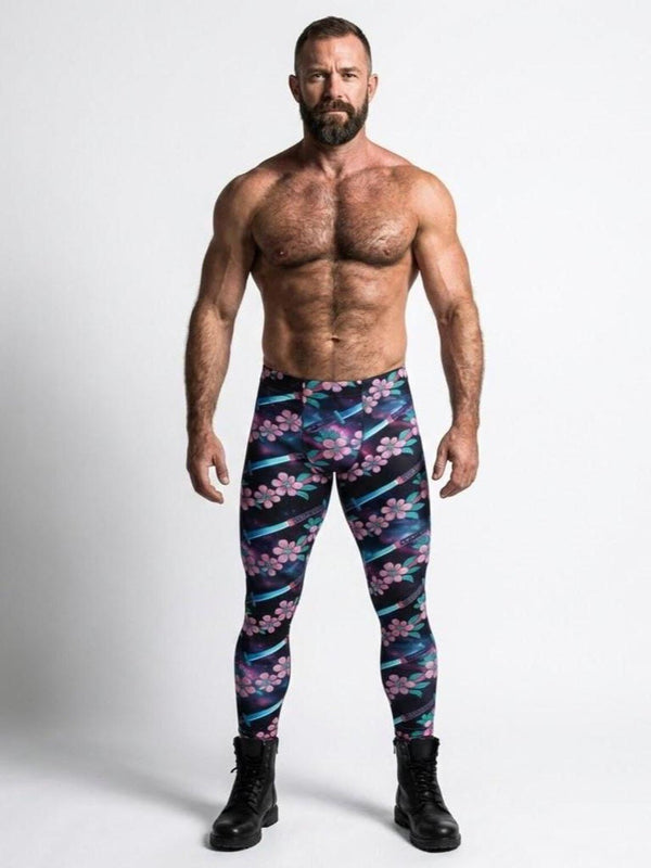 Urban Samurai Men’s Leggings – Katana Camo Meggings with floral design on muscular model.