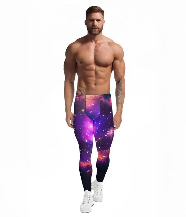 Muscular man in Galaxy Nebula Men’s Leggings – Purple & Blue Space Print Compression Tights for Gym, Yoga, Running & Pride Festival Wear.