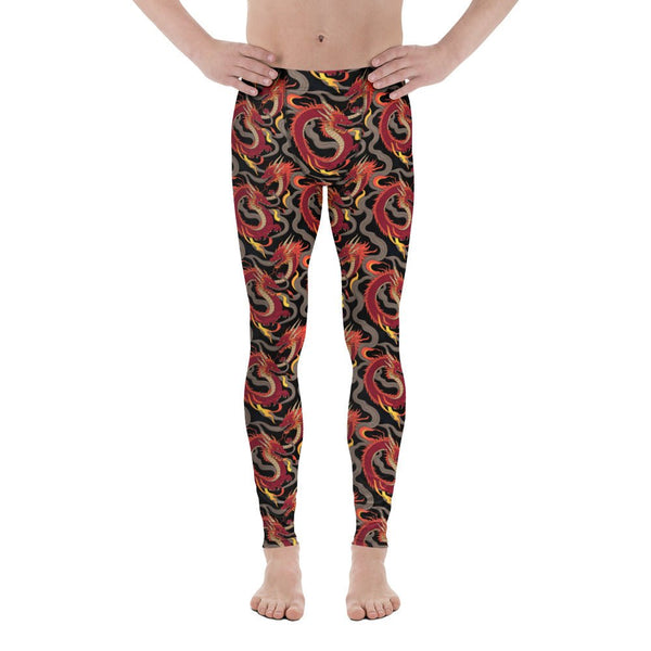 Dragon Fade Men’s Leggings – Red Dragon Meggings, tattoo style gymwear, black with red dragon graphics.