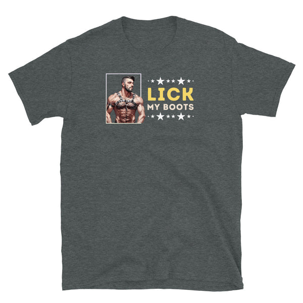 Gay Lick My Boots Leather Daddy - Tshirt with muscular male model in grey.