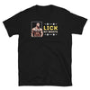 Black gay shirt featuring muscular man and 'Lick My Boots' text.