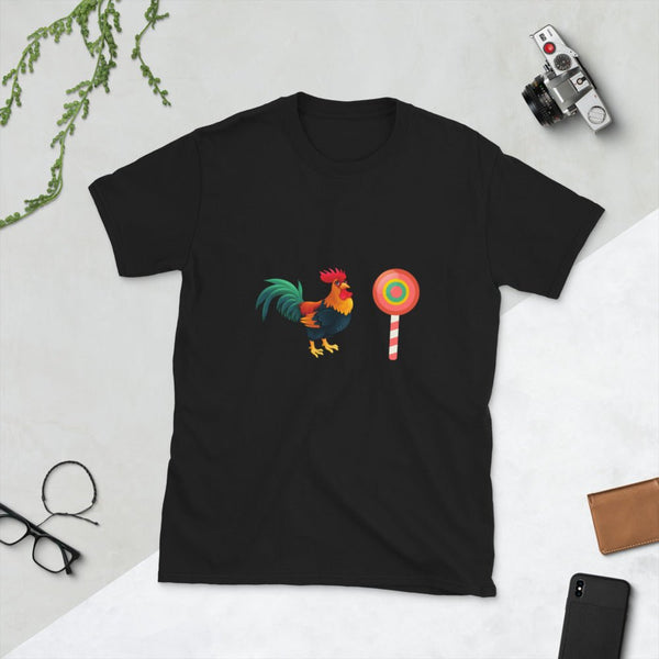 Gay Men Man Rooster Cock Sucker Lollipop T-Shirt Funny Gay Kinky Tee BDSM Pride Shirt on black t-shirt.