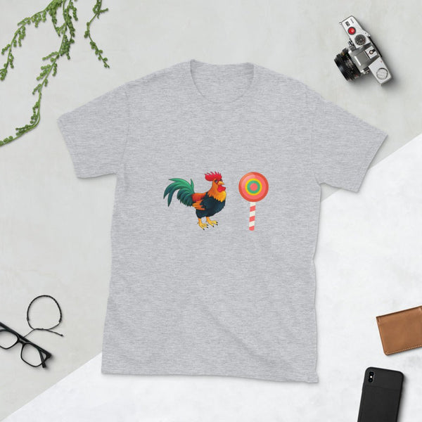 Gay Men Man Rooster Cock Sucker Lollipop T-Shirt Funny Gay Kinky Tee BDSM Pride Shirt on a grey background.