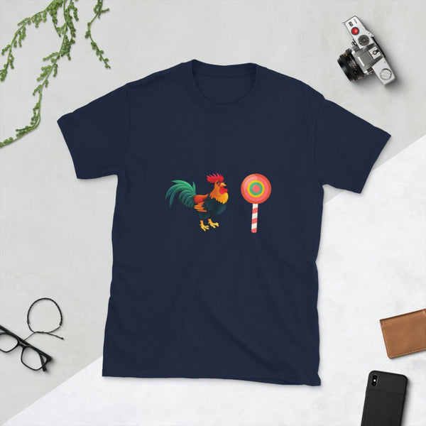 Gay Men Man Rooster Cock Sucker Lollipop T-Shirt Funny Gay Kinky Tee BDSM Pride Shirt on navy cotton.