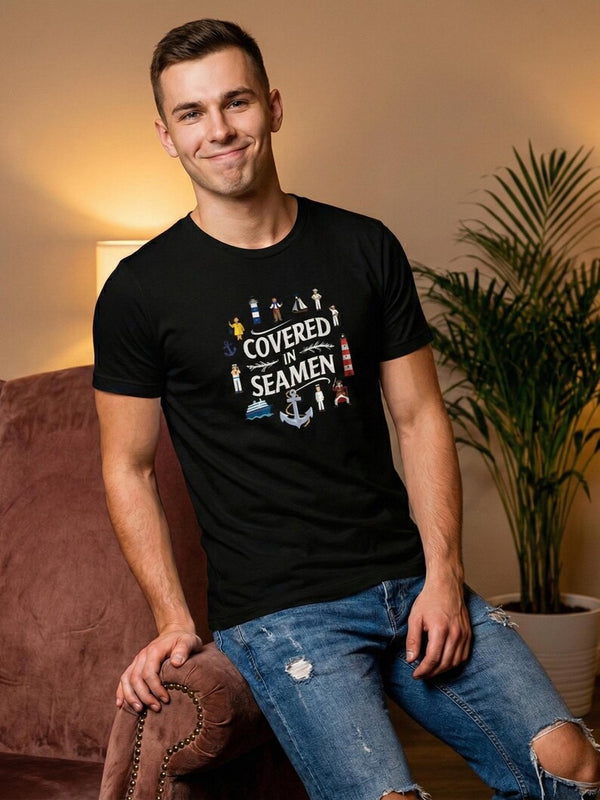 Model wearing a black funny gay shirt with 'Covered in Sea Men' design, showcasing LGBTQ humor.