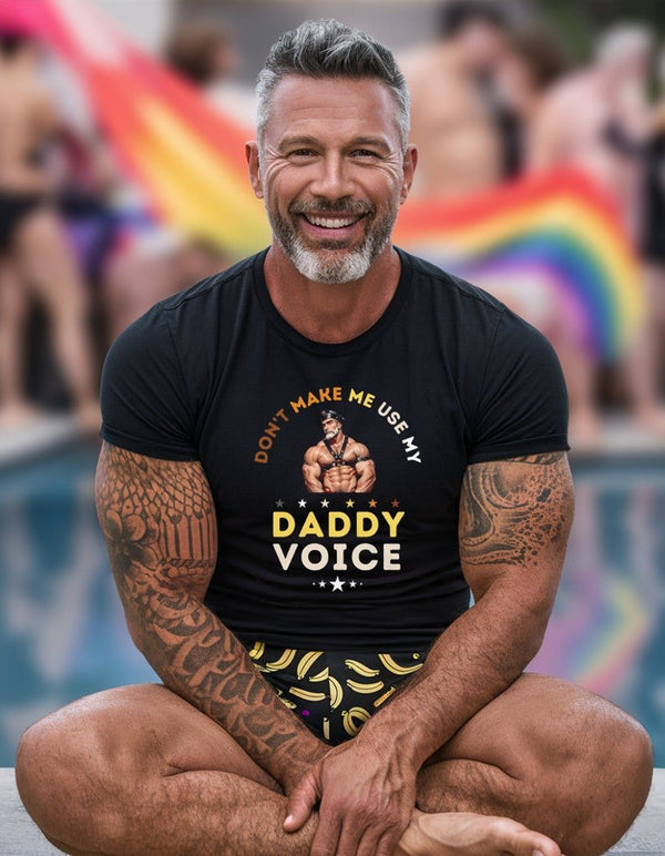 Gay Older Daddy Bear Leather - Pride Don't Make Me Use My Daddy Voice 2 T-Shirt on muscular model by pool.
