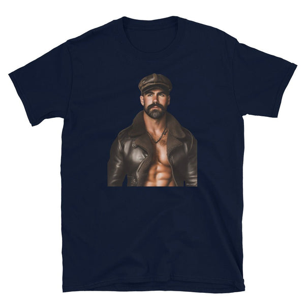 Gay Older Daddy Bear Leather Shirt - Pride Gay Biker Daddy Bear t-shirt featuring a muscular model in a leather jacket.